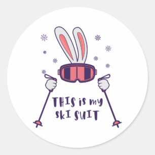 Sticker Rond Voici mon Ski Suit Ski Rabbit avec des bâtons de s
