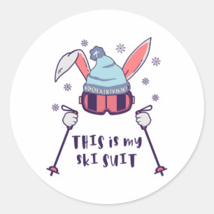 Sticker Rond Voici mon Ski Suit Ski Rabbit avec des bâtons de s