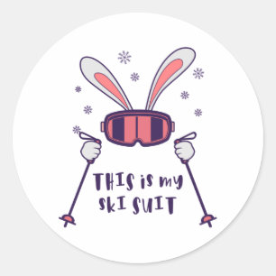Sticker Rond Voici mon Ski Suit Ski Rabbit avec des bâtons de s