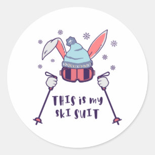 Sticker Rond Voici mon Ski Suit Ski Rabbit avec des bâtons de s
