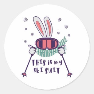 Sticker Rond Voici mon Ski Suit Ski Rabbit avec des bâtons de s