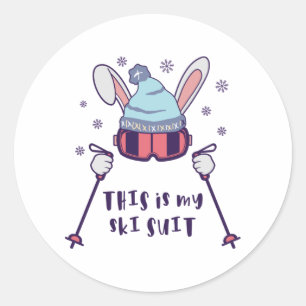 Sticker Rond Voici mon Ski Suit Ski Rabbit avec des bâtons de s