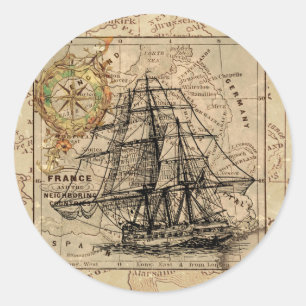 Sticker Rond Voilier vintage et vieille carte européenne