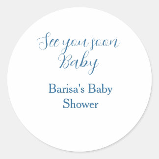 Sticker Rond voir bientôt baby shower bleu nom date simple