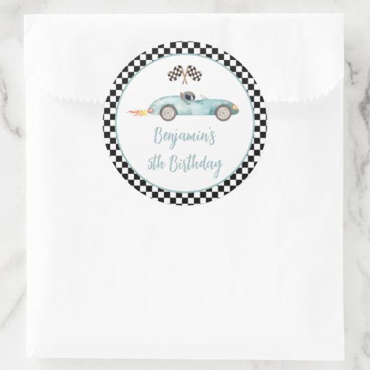 Sticker Rond Voiture de course bleue moderne Anniversaire (Sac)