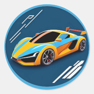 Sticker Rond Voiture de sport jaune sur fond bleu