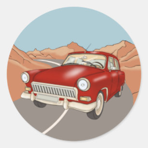 Sticker Rond Voiture rouge rétro sur l'autoroute