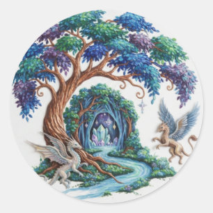 Sticker Rond Vol de dragon sur le royaume de la cascade