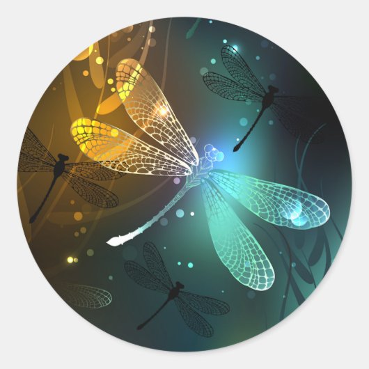 Sticker Rond Vol de libellule verte lumineuse (Devant)