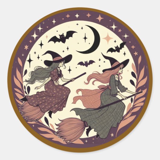 Sticker Rond Vol Magique Sorcière - Scène Lune d'Halloween (Devant)
