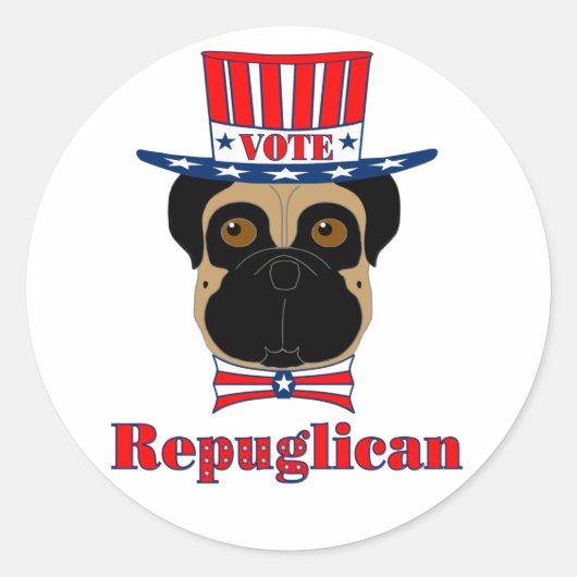 Sticker Rond Vote rePUGlican Funny Carlin en Casquette blanc ro (Devant)