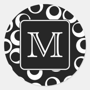 Sticker Rond Votre lettre. Monogramme noir et blanc. Motif