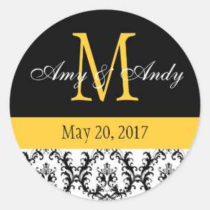 Sticker Rond Votre Monogramme, Sauvez la date Damas Noir Jaune