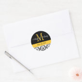 Sticker Rond Votre Monogramme, Sauvez la date Damas Noir Jaune (Enveloppe)