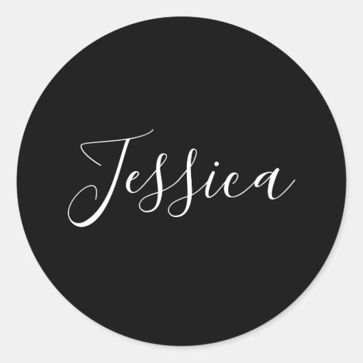Sticker Rond Votre nom | Élégant script blanc sur noir (Devant)