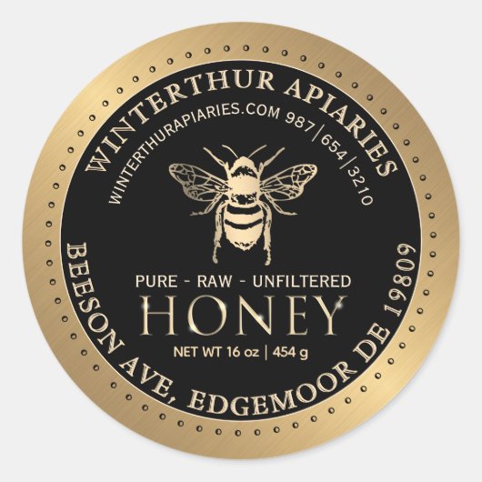 Sticker Rond Votre nom ici Editable Gold Bee Honey sur Black (Devant)
