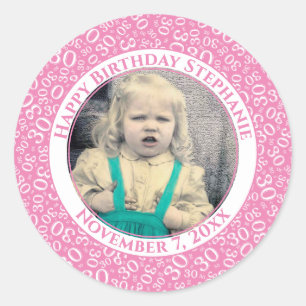 Sticker Rond Votre photo Numéro 30e anniversaire   Rose/Blanc 3
