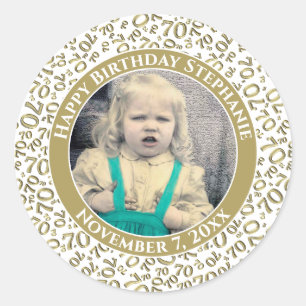 Sticker Rond Votre photo Numéro 70e anniversaire   Or/Blanc 70