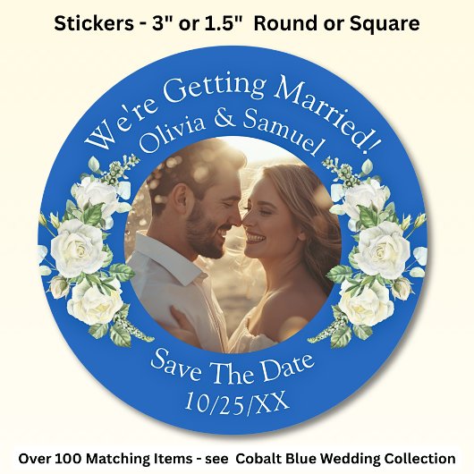 Sticker Rond Votre Photo, Sauvegarder La Date, Bleu Cobalt Et B