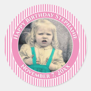 Sticker Rond Votre Photo Simple Stripes Motif Rose/Blanc
