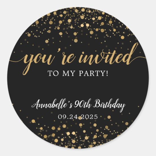 Sticker Rond Vous êtes Invited Party Gold Black Confetti Annive (Devant)