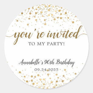 Sticker Rond Vous êtes Invited Party Gold Confetti Dots Annive