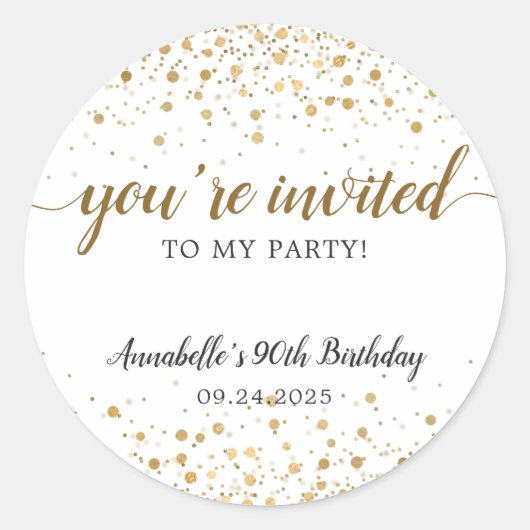 Sticker Rond Vous êtes Invited Party Gold Confetti Dots Anniver (Devant)