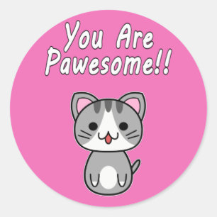 Sticker Rond Vous êtes Pawesome!! Chat Gris Marbré Écriture Bla
