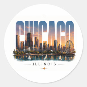 Sticker Rond 💙 Voyage à Chicago Éditorial de Luxe Style de Vil