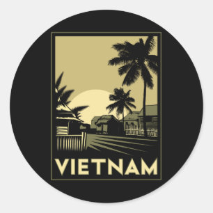 Sticker Rond voyage d'art déco du Vietnam Asie du Sud-Est rét