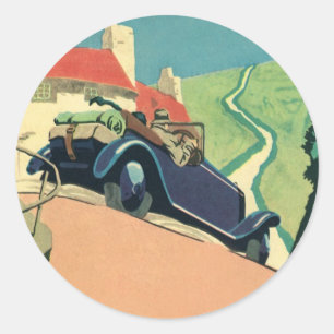 Sticker Rond Voyage en voiture décapotable vintage à la campagn