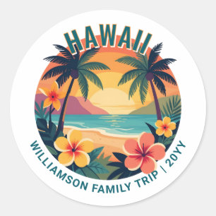Sticker Rond Voyage familial personnalisé rétro Hawaï vacances
