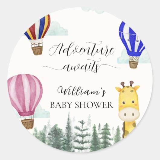 Sticker Rond Voyage Hot Air Balloon Jungle Giraffe Baby shower (Devant)