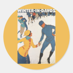 Sticker Rond Voyage Vintage, Art Déco, Hiver Davos Suisse