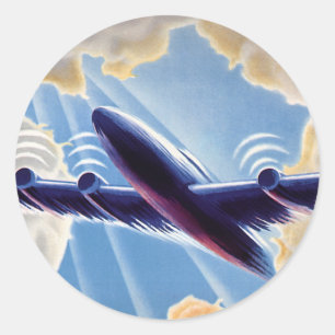 Sticker Rond Voyage Vintage, Avion Volant dans les Nuages dans