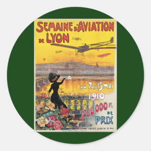 Sticker Rond Voyage Vintage, Avions d'Aviation, Lyon, France