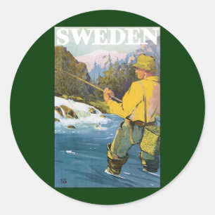 Sticker Rond Voyage vintage en Suède, pêche sportive de pêcheur