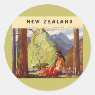 Sticker Rond Voyage Vintage, Femme Autochtone Paysage Nouvelle-