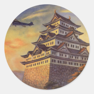 Sticker Rond Voyage Vintage Japon, Pagode Japonaise Avion