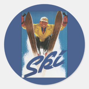Sticker Rond Voyage Vintage, Skieur de Sports Skiant dans la Ne