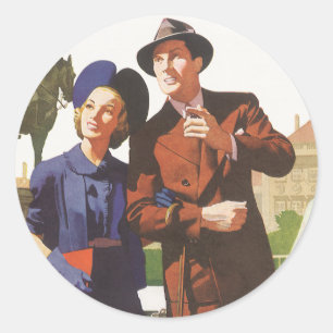 Sticker Rond Voyage Vintage, Touristes en Vacances faisant du T
