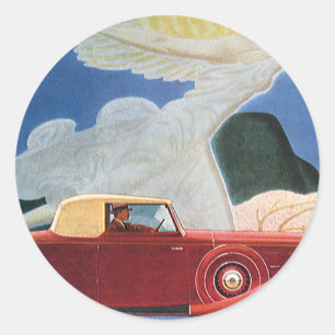Sticker Rond Voyage Vintage, Voiture Rouge Ancienne avec Femme 