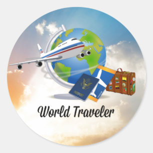 Sticker Rond Voyageur mondial, emballé et prêt à partir