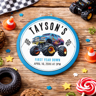 Sticker Rond Vroom Zoom Monster Truck Boom Fête de 1er Annive