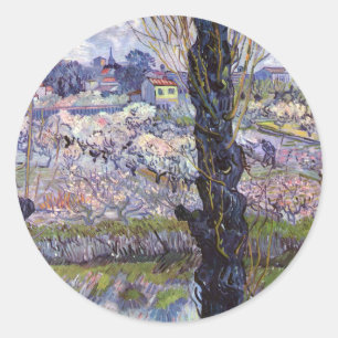 Sticker Rond Vue de Van Gogh sur les vergers en fleurs d'Arles