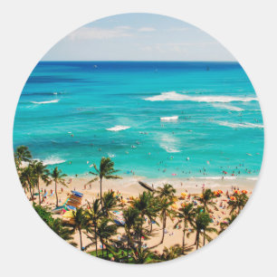 Sticker Rond Vue surélevée de la scène de Waikiki Beach, Honolu