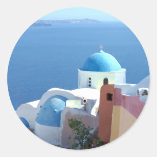 Sticker Rond Vues de l'église à Santorin, Grèce