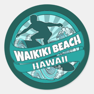 Sticker Rond Waikiki Beach Hawaii logo turquoise surfer autocol