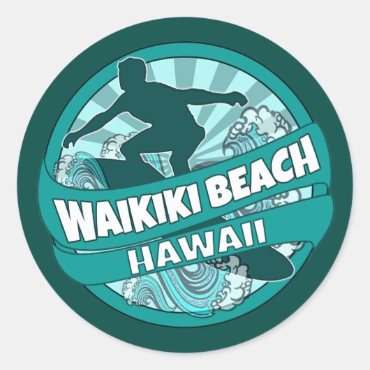 Sticker Rond Waikiki Beach Hawaii logo turquoise surfer autocol (Devant)