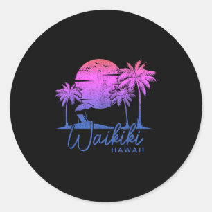 Sticker Rond Waikiki Beach Hawaii Surf Vintage Sunset Surfer